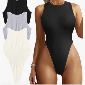 TOB Women's Bodysuit Sexy High Cut Ribbed Halter Neck Bodysuits, Cream, Medium